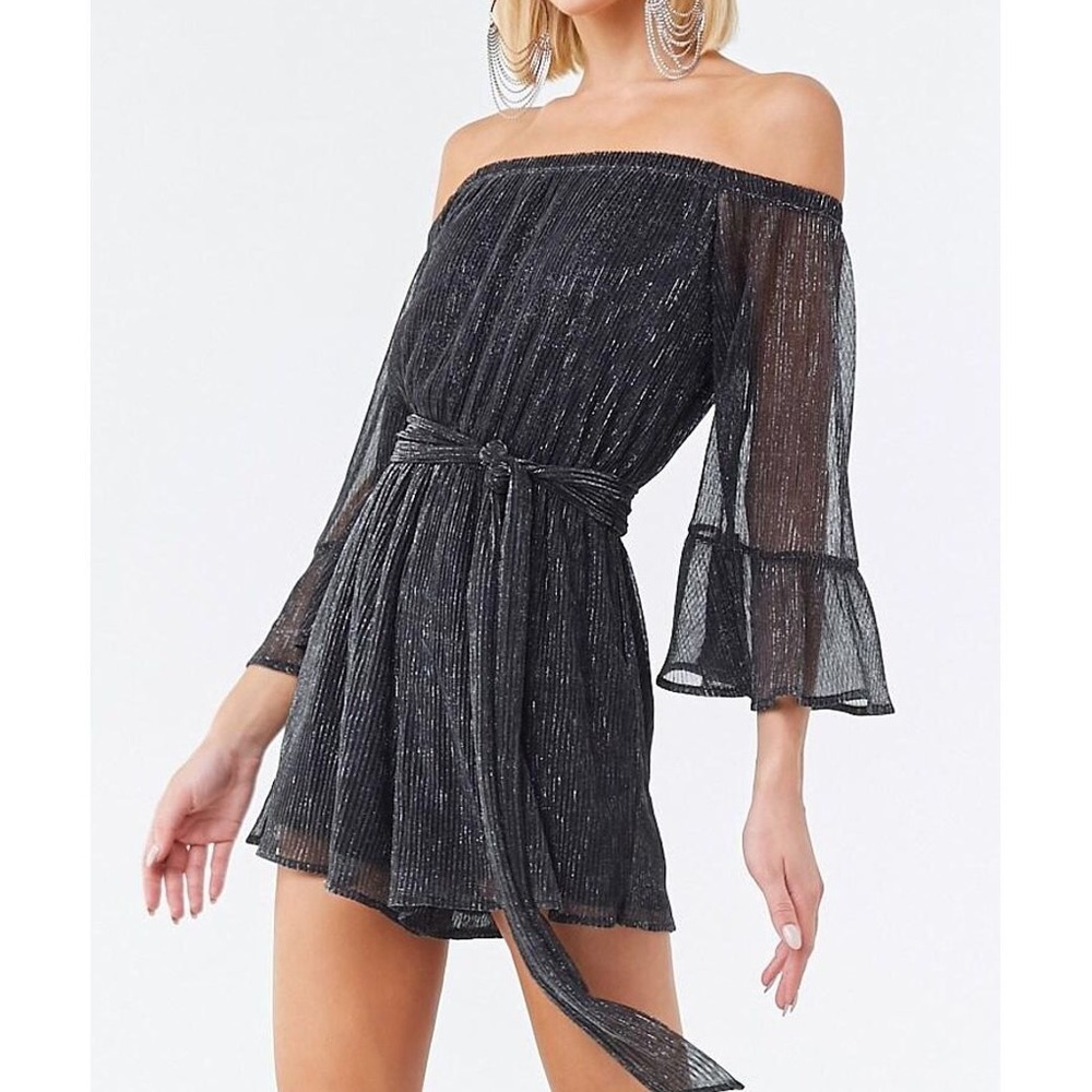 metallic off-the-shoulder romper